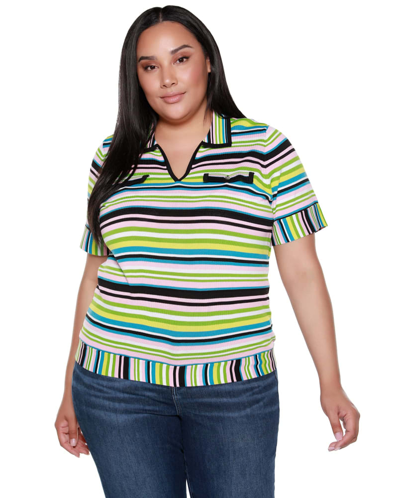 Front of a model wearing a size 1X Juniper Striped Short Sleeve Sweater in Multi Stripe by Belldini Black Label. | dia_product_style_image_id:285024